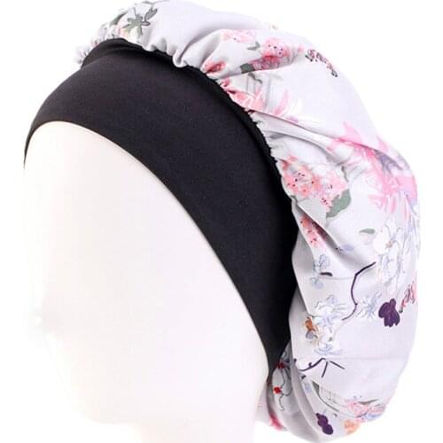 Silky Satin Bonnets Floral Print Headwrap Wide Elastic Band Hair Caps Women Lady Hair Cover Hat Jewelry Night Sleeping Cap
