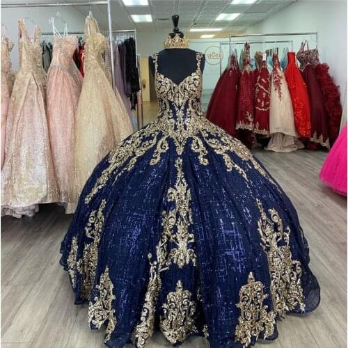 Dark Navy Ball Gown Quinceanera Dresses Sleeves Gold Lace Applique Sweet 16 Dress Party Wear Princess Dress Xv Años