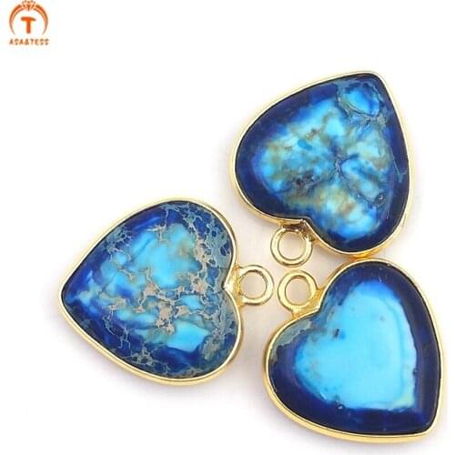 5pcs Natural Stones Vintage Ocean Blue Emperor Stone Heart Shape Handmade Pendants For Necklace Charm For Woman Jewelry 20mm