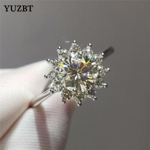 YUZBT Women 925 Silver Excellent Cut 1 Carat 6.5mm Gemstone Diamond Test Past D Color Moissanite Sunflower Ring Wedding Jewelry