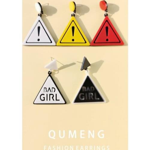 QUMENG Bad girl Triangle warning sign Acrylic earrings personality geometric stud earrings for women Question exclamation mark