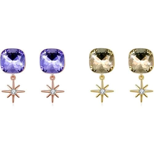 SILVERHOO Earrings S925 Sterling Silver Star Stud Earrings Purple Square Austria Crystal Birthday Party Female Fine Jewelry Gift