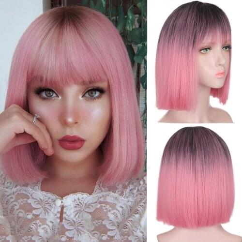 HOUYAN Cosplay short wave black pink synthetic wig ladies party natural synthesis