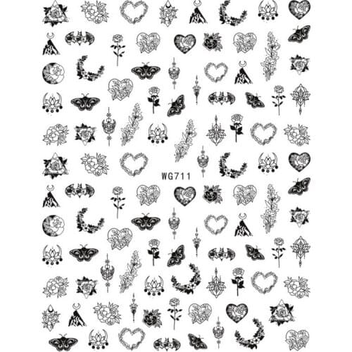 10PCS Flower Black Line Nail Art Nail Sticker Leaf Bird Nail Slider Love Moon Shape Design Decorative Decal Constellation 2021