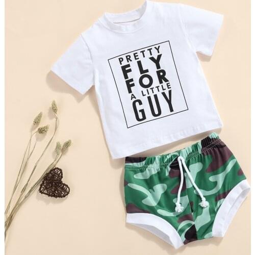 Baby Boys Summer Clothes Set Letter Print Short Sleeve O-neck T-shirt + Camouflage Drawstring Shorts Outfit 2pcs