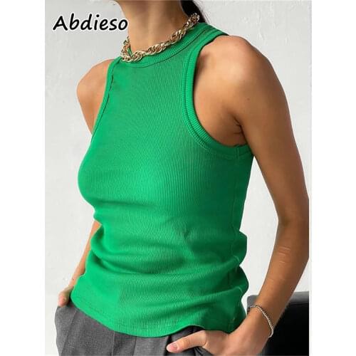 Abdieso Ribber Y2K Casual Tank Top Women Green 2021 O Neck Sleeveless White Summer Crop Top Streetwear Fashion Mini Vest