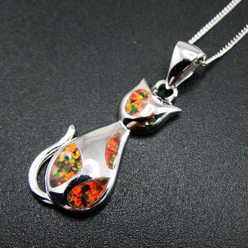 Australian Fire Opal Cute Cat Pendant Necklace 925 Sterling Silver For Gift