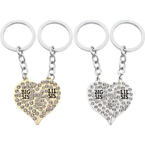 2 Pcs/Set Full Crystal Sister Keychain Big Little Sister Key Ring Chain Big Sis Lil Sis Heart Shape Rhinestone Keyring Jewelry