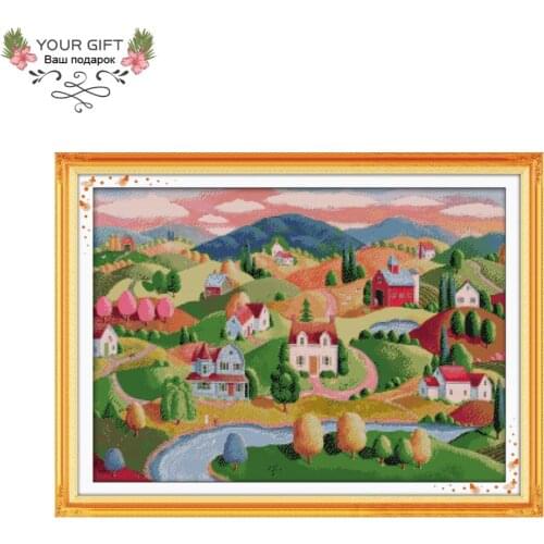 Joy Sunday Country House Home Decor F985 14CT 11CT Counted Stamped Oil Painting Village Needlework Cross Stitch Kit