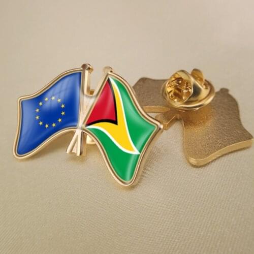 European Union and Guyana Crossed Double Friendship Flags Lapel Pins