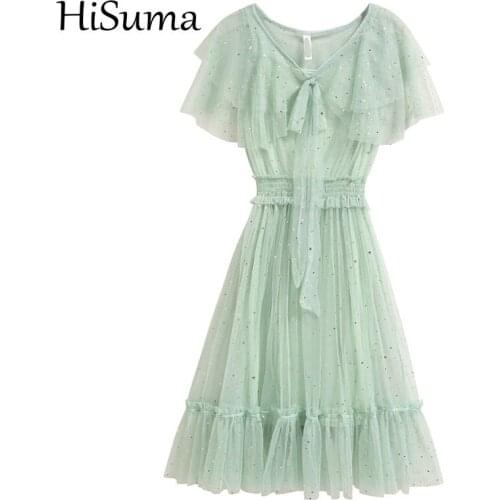 HISUMA Summer Women O-Neck Bandage Lace Up Ruffles Chic Bow Dress New Lady Elastic Slim Waist Bling Sequin Star Party Midi Dress
