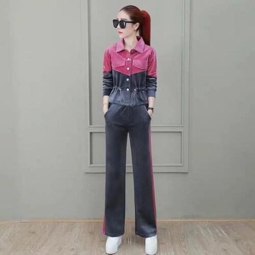 Corduroy Fashion Two Suit Female 2021 New Spring Autumn Korean Sports Casual Jacket Top Elastic Waist Wide Leg Pants Women Set