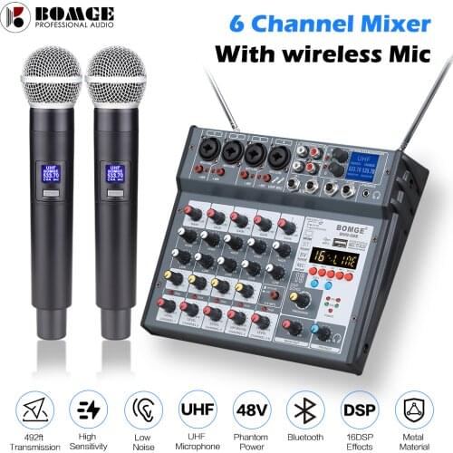 6 Channel Audio Mixer Mixing Console Built-in Microphone UHF Wireless Mics Bluetooth USB 16 DSP Effect For DJ Karaoke PC Record
