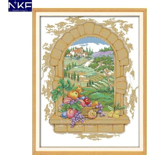 NKF A Window View Stamped Cross Stitch Pattern DIY Kits Needlework Embroidery Set Chinese Cross Stitch for Home Decor
