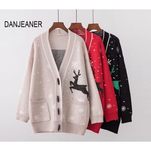 DANJEANER Casual Christmas Sweater V Neck Long Sleeve Deer Pattern Knitted Long Cardigan Autumn Winter Warm Jackets Jumpers