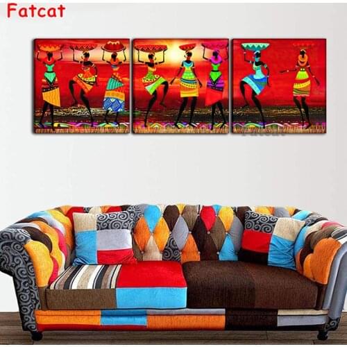 Tribal African American Diamond Painting Traditional Sunrise Dancing African Black Girl Woman Triptych Diamond Embroidery PP1460