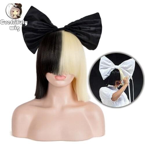 35cm SIA Anime Synthetic Hair Half Black and Blonde Ombre Short Straight Flat Bangs Heat Resistant Cosplay Full Wigs For Women