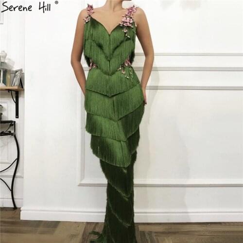 Green Sleeveless Tassel Tiered Sexy Prom Dresses 2020 V-Neck Flowers Mermaid Long Prom Gowns Serene Hill BLA70027