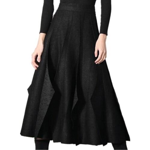New Arrival Autumn Winter Warm Woolen Skirt Women High Waist A-Line Mid Calf Pleated