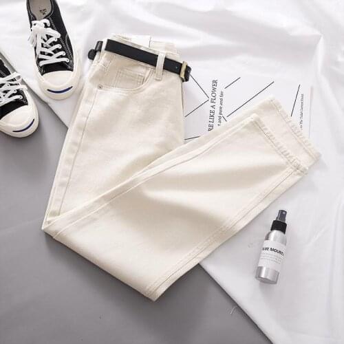 2020 New Spring and Autumn Fashion Women Loose Jeans with Belt Ankle Length Pants High Waist Pockets Zipper Straight Jeans Z112