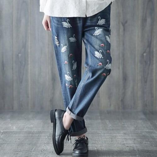 Spring autumn female Elastic waist Denim harem pants woman new Vintage embroidered swan jeans hole to do the old jeans trousers