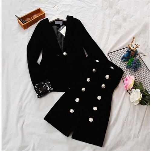 Autumn Two Piece Big Size Vintage Women Gold Velvet Blazer +Tube top Jumpsuit Formal Suits Loose Lady Black Blazer Coat WZ1098