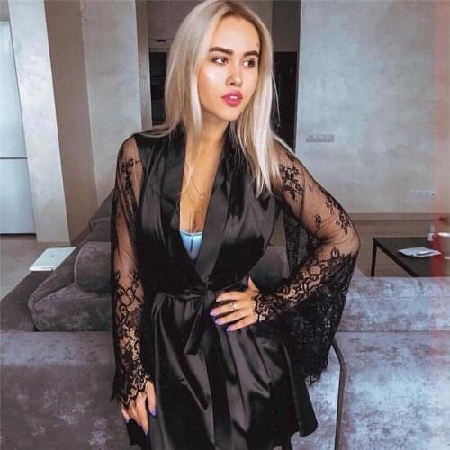 2020 Women Sexy Elegant Satin Silk Robes Long Floral Sheer Lace Sleeve Robes Lady Nightwear Lingerie Bathrobe Gowns Sleepdress
