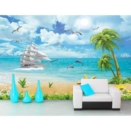 Free Shipping Sailing Dolphin Coconut Tree Scenery TV Background Wall Summer Fresh Living Room Bedroom Wallpaper Custom 3D Mural