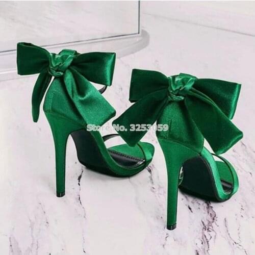 ALMUDENA Sweet Style Silk Butterfly Sandals Thin High Heel Green Pink Satin Cloth Fabric Bowtie Dress Shoes Butterfly-knot Heels