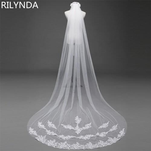 Real Photos Long Lace Bridal Veil with Comb 3 Meters 1 Layer Cathedral White Ivory Wedding Veil Wedding Accessories 2021