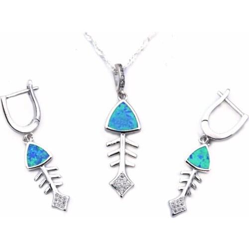 Ocean Blue Fish Bone Opal Jewelry Set - Pendant Necklace and Earrings
