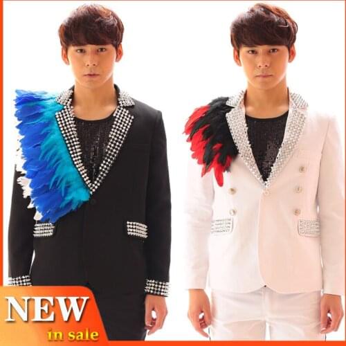 New Male Singer Stage Feather Nightclub Costume DS Royal Suit Performance Clothing Rivet Suit Jazz Dance Wear DJ Costume BL2223