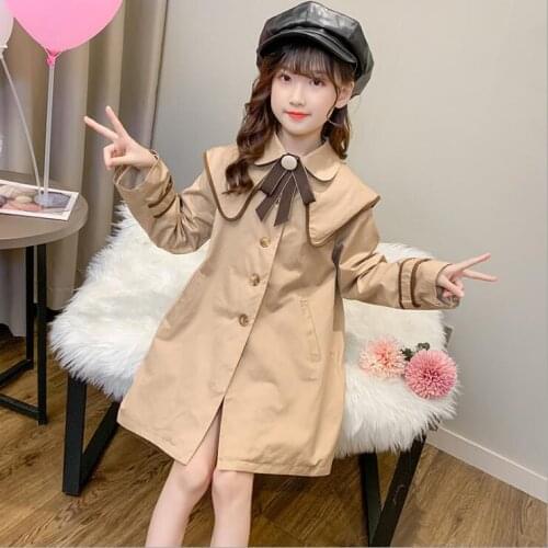 Girls Jackets 2021 Spring New Teenage Girl Solid Color Bow Long Windbreaker Jacket Big Girls Cotton Coats Clothing For 4-14Year