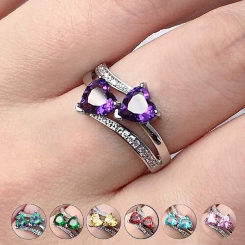 Fashion Silver-plated Double Hearts Rings Cubic Zircons Wedding Ring for Women Girls Charm Gift for Birthday Anniversary