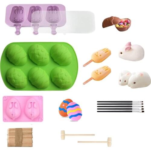 Easter Chocolate Mold Set With 50 Wooden Sticks Egg Rabbit And Popsicle Silicone Molds For Make Colorful Popsicles