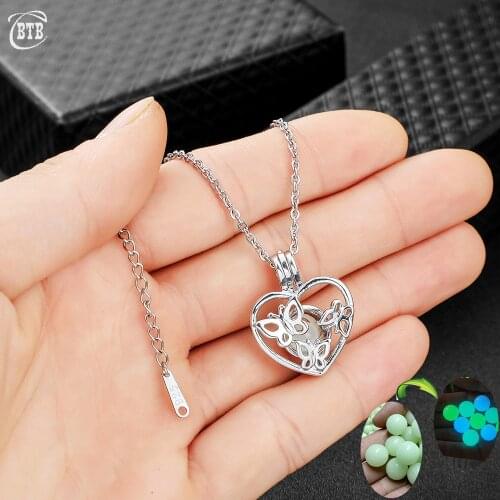 New Silver Color Heart Pendant Luminous Necklace Fashion Jewelry Women Hollow Three Cute Butterfly Glowing Stone Collar