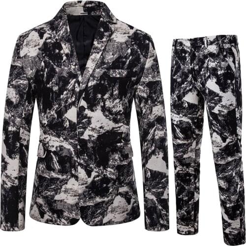 2019 New Arrival Mens National Style Print Two Pieces Men Suits Casual Commuter Office Business Suits for Wedding Plus Size