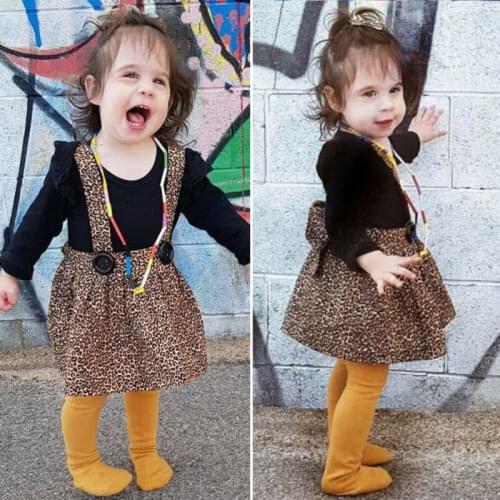 2020 New Arrival Infant Baby Girl Clothes Long Sleeve Black Romper+Leopard Bib Dress Warm Outfit Set