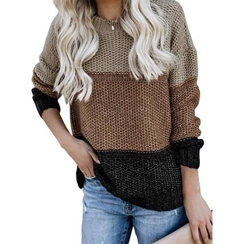 New Product Fashion Striped Color-block Pullover Sweater Womens Thick Thick Knit Sweater Loose Ladies Round Neck Sweater