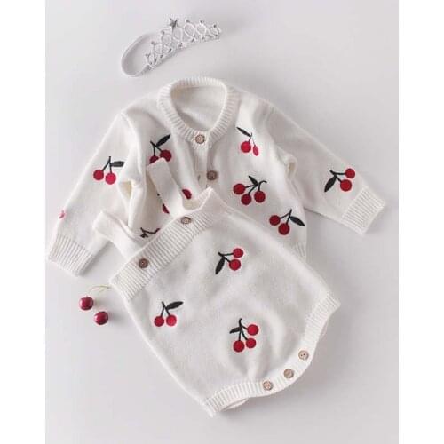 Baby Girls Clothes Autumn Cherry Baby knitted Romper Set Infant Newborn Baby Girl Cardigan Sweater Cotton Baby Jumpsuit For Girl