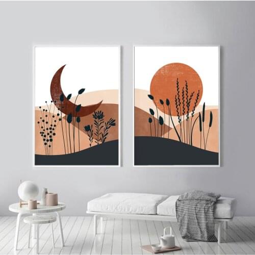 Sun Moon Mountain Botanical Poster Color Block Canvas Painting Boho Art Print Beige Wall Picture For Living Room Home Décor