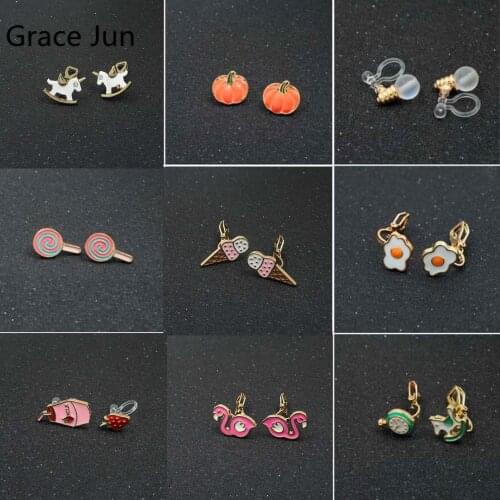 GRACE JUN Hot Sale Cute Animal Friut Enamel CZ Clip on Earrings for Women Fashion Party Prom Stuedent Style No Pierced Earrings