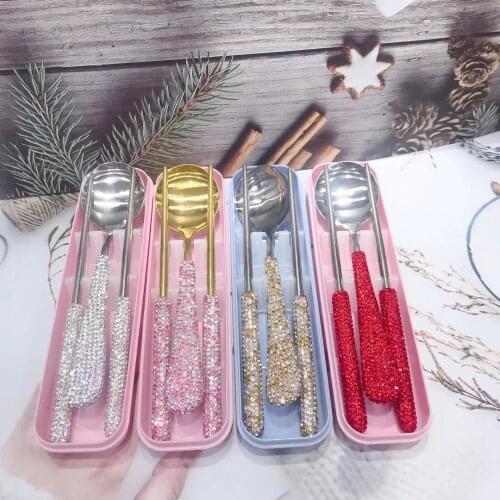 Studded Rhinestones Gold Cutlery Set Chopsticks Spoon Set Travel Tableware 304 Stainless Steel Eco Friendly Silverware Metal