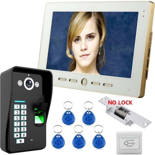10" Lcd Fingerprint Recognition RFID Password Video Door Phone Intercom System kit With NO-Electric Strike Door Lock