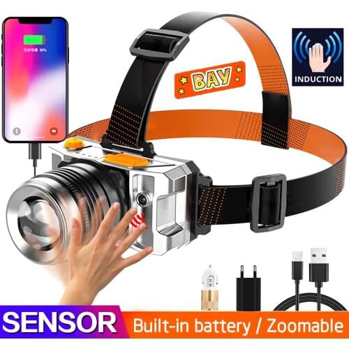 80000LM IR Sensor LED Headlamp Smart Light Zoomable High Power Rechargeable Built in Battery Fishing Lantern Head Torch LED Lamp