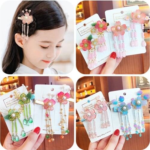 2 Pcs/Set Children Cute Tassel Pendant Acrylic Flower Ornament Hair Clips Girls Lovely Barrettes Hairpins Kids Hair Accessories