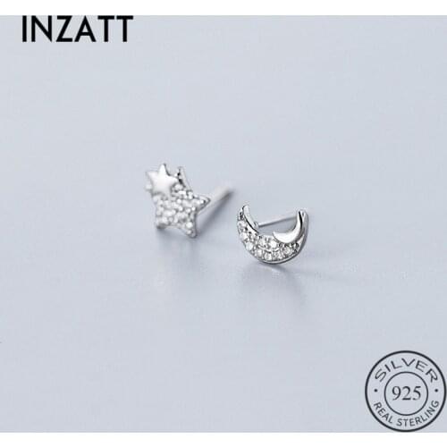 INZATT Real 925 Sterling Silver Zircon Moon Star Stud Earrings For Fashion Woman Cute Fine Jewelry MInimalist Accessories Gift