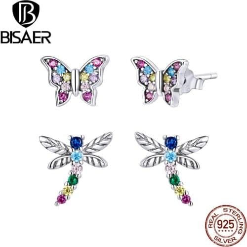 BISAER 925 Sterling Silver New Fashion Korean Earrings For Women Dragonfly Butterfly Stud Earring For women 2021 Jewelry EFE514