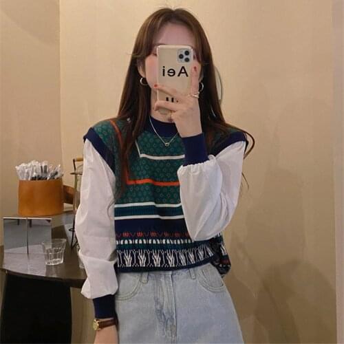 Fashion Knit Sweaters Women Fake Two Piece Pullovers Autumn Vest Stitching Shirt Korean Vintage Tops 2021 Loose Knitwear Clothes