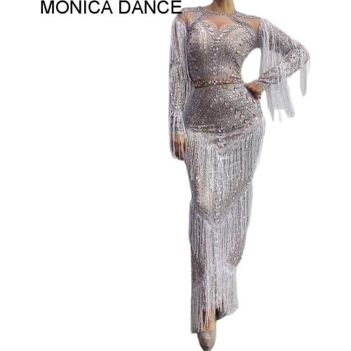 Sexy Silver Rhinestone White Fringe Long Dress Birthday Wedding Celebrate Prom Spandex Costume Evening Women Dancer Show Dress